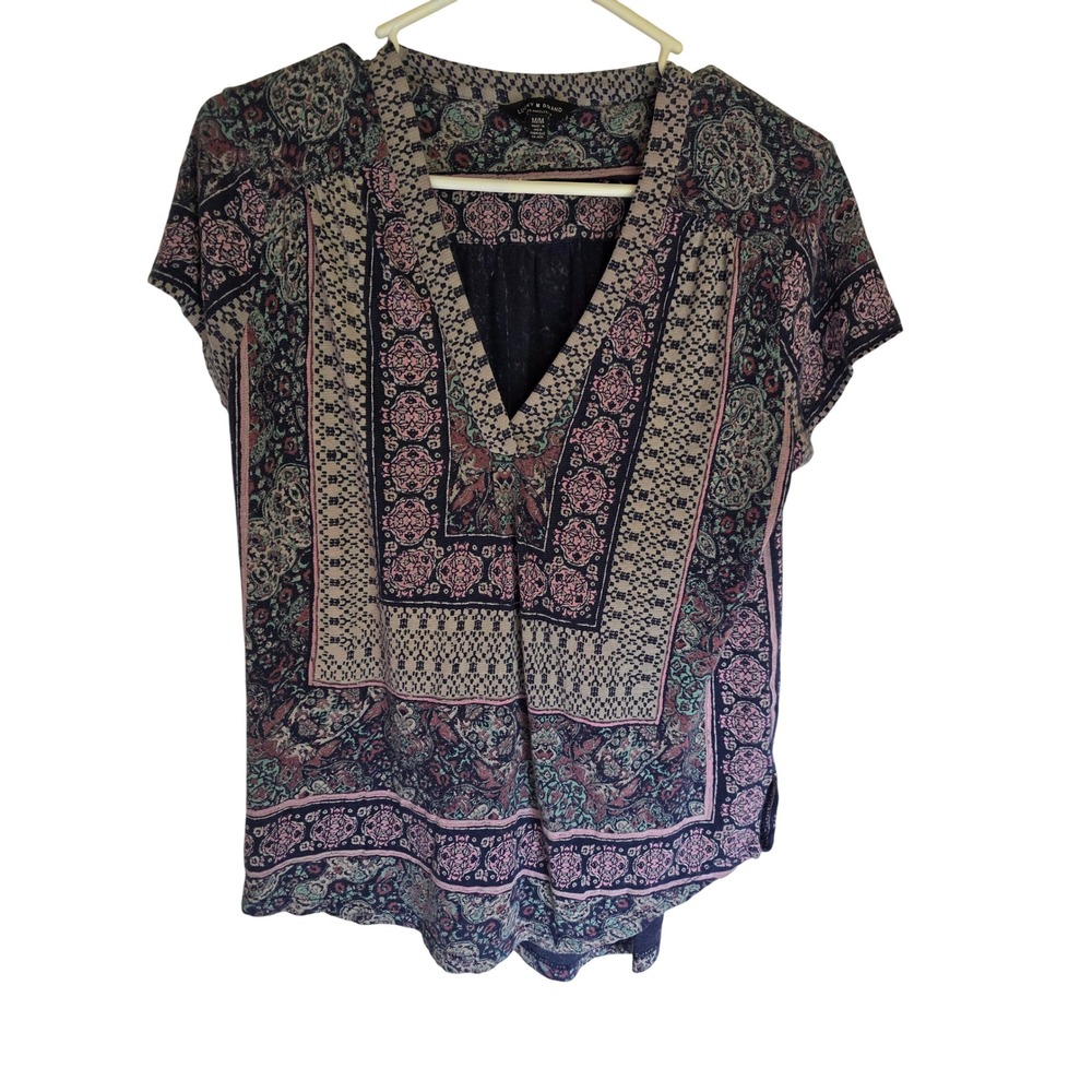 Lucky Brand Womens Navy Pink Paisley Boho V-Neck Short Sleeve Blouse Top Medium